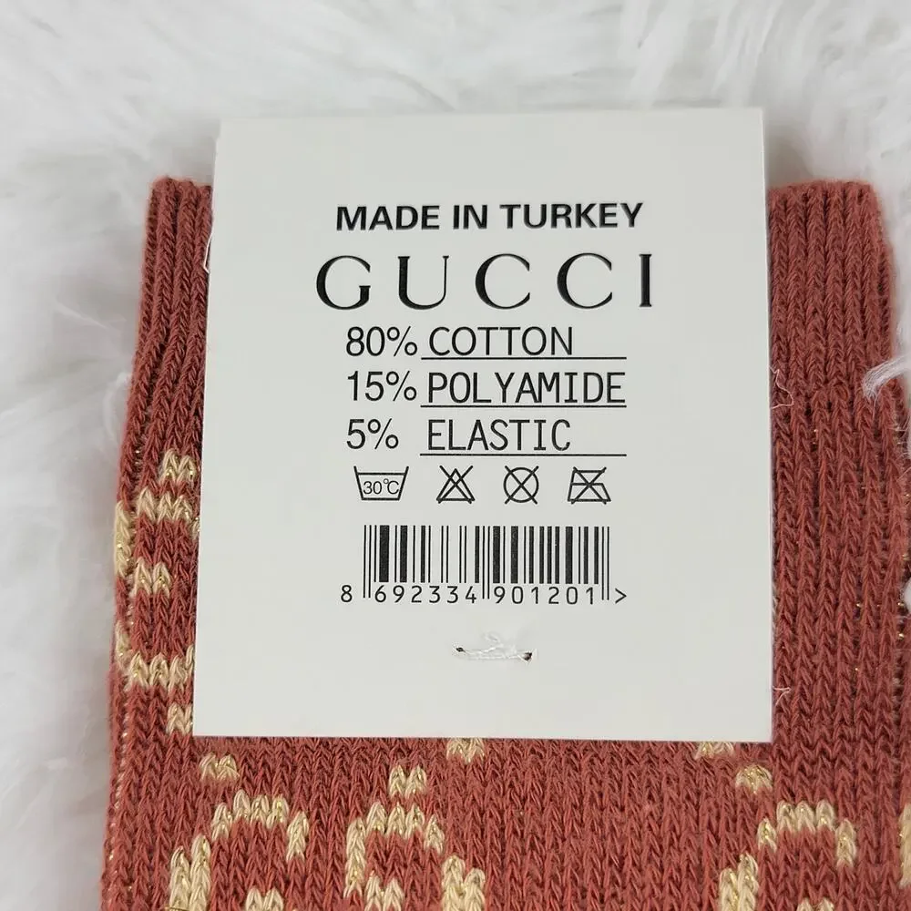 Gucci Crew Socks Unisex GG Logo Metallic 100% Authentic Red Beige Luxury New
